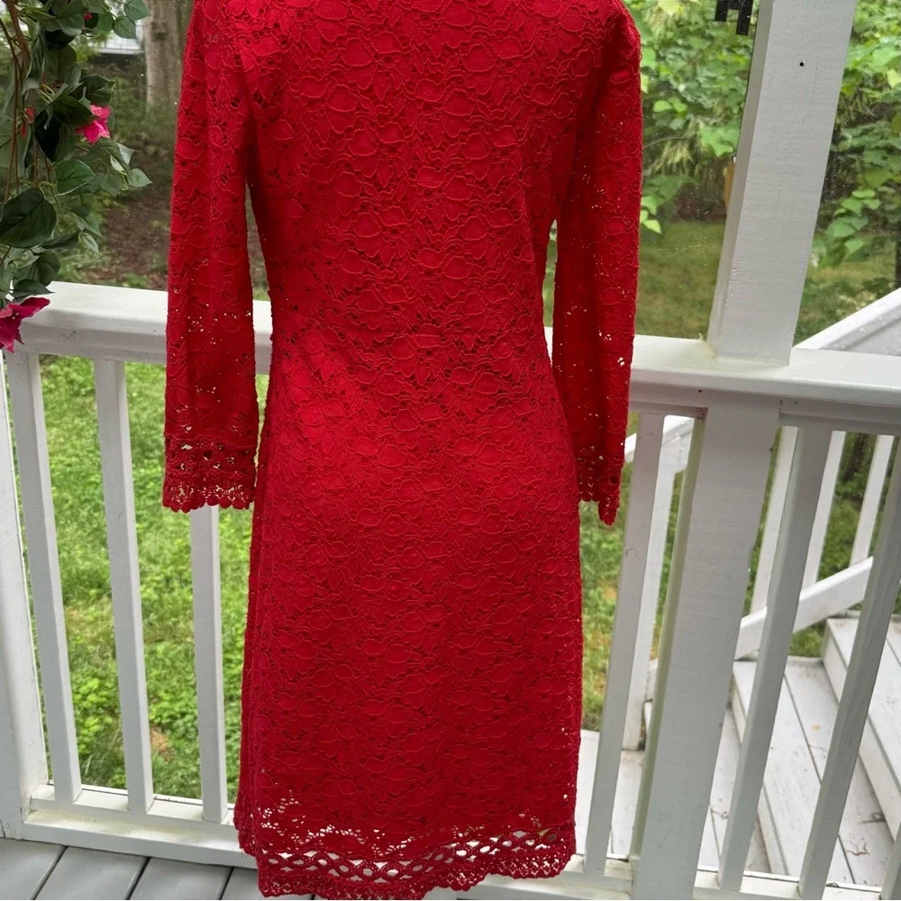 ALFANI solid red floral crochet lace overlay 3/4 sleeve dress-S - Picture 6 of 8